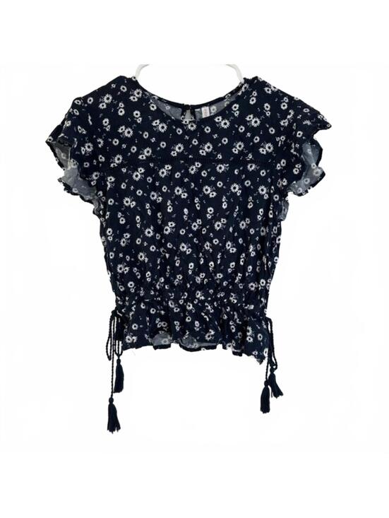 Xhilaration Tops - Floral Print Short Sleeve Cinched Waist Blouse BLUE WHITE XS